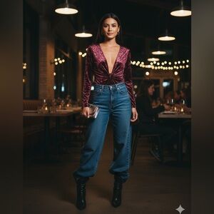 TOBI Burgundy Velvet Bodysuit Small Long Sleeve Plunge Twist Front